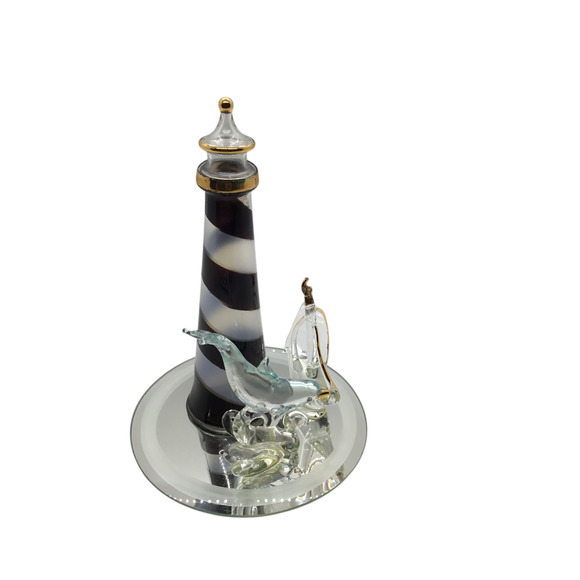 Neu Rich Jeweler Nautical Lighthouse Mirror Base Desktop Ornament 4" Blown Glass - Picture 1 of 16
